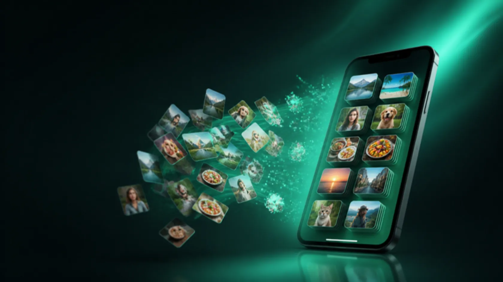An iPhone pulling scattered photos into neat, sorted rows